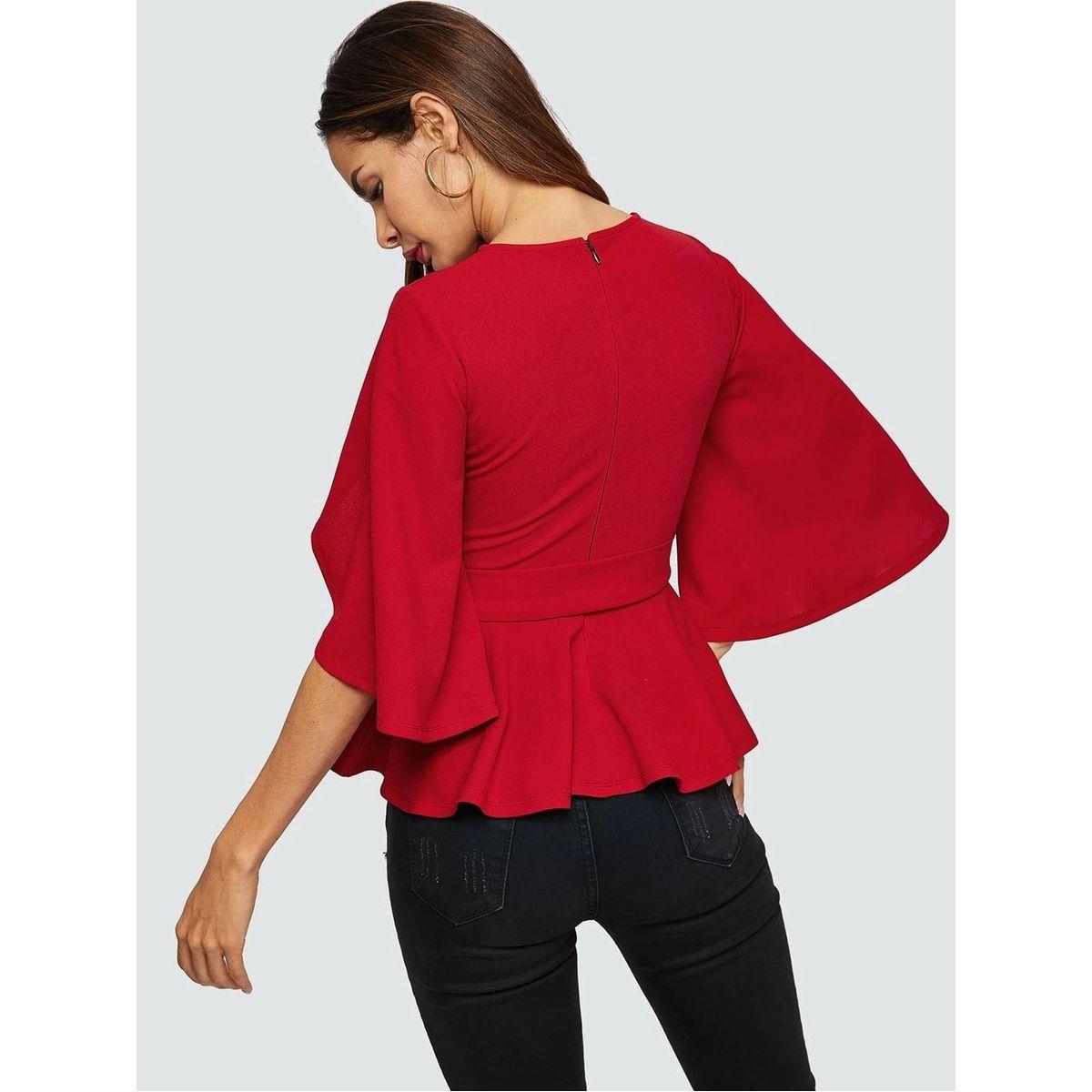Kotty X Styli  Self Tie Belt Peplum Top with Slit Sleeves-women-clothing-shirtsandblouses-blouses-image-3