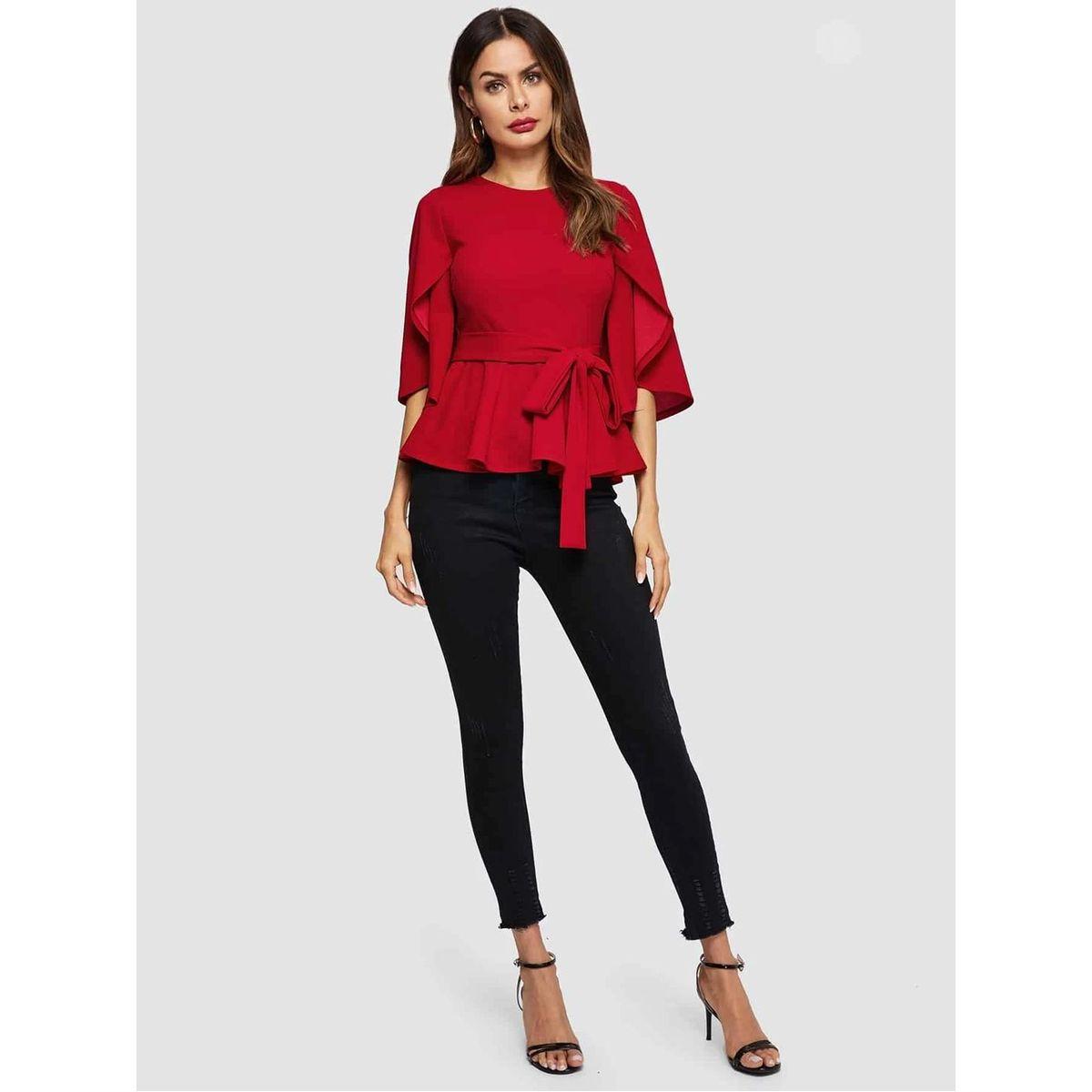 بلوزة بيبلوم باربطة مع اكمام بشق كوتي × ستايلي-women-clothing-shirtsandblouses-blouses-image-4