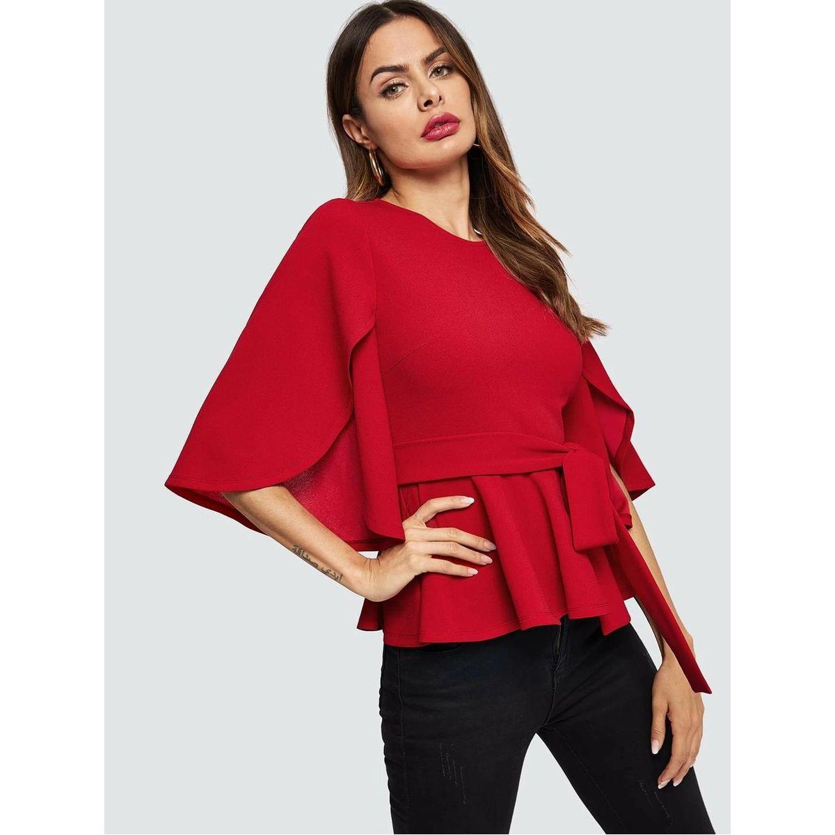 Kotty X Styli  Self Tie Belt Peplum Top with Slit Sleeves-women-clothing-shirtsandblouses-blouses-image-5