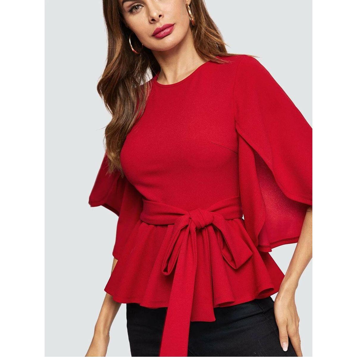 بلوزة بيبلوم باربطة مع اكمام بشق كوتي × ستايلي-women-clothing-shirtsandblouses-blouses-image-6