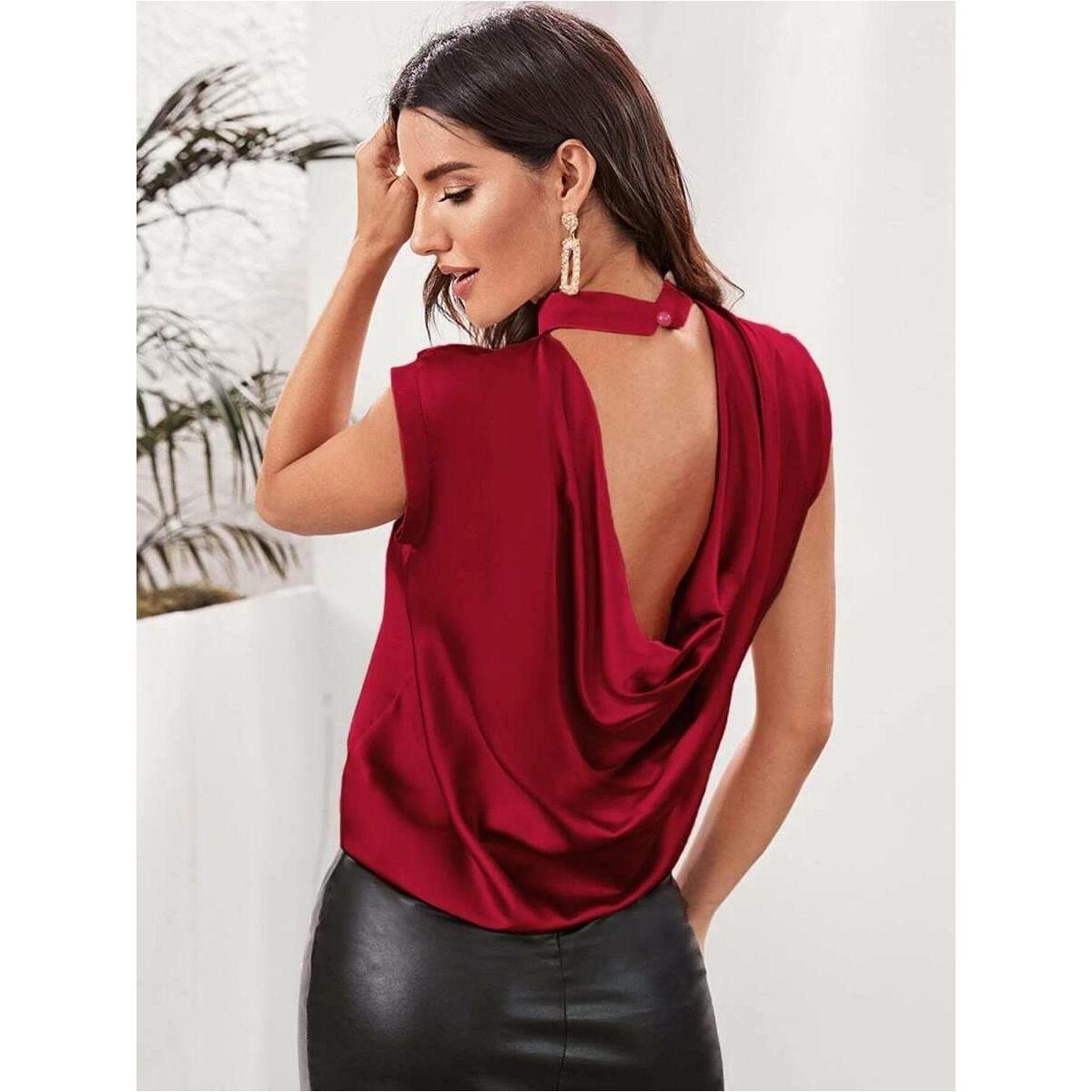 Kotty X Styli  Solid Satin High Neck Top with Drape Back-women-clothing-shirtsandblouses-blouses-image-4