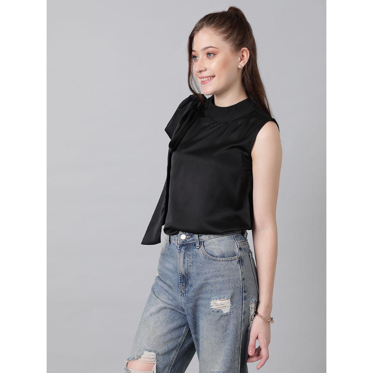بلوزة سادة بلا اكمام وياقة عالية مع ربطة فيونكة كوتي × ستايلي-women-clothing-shirtsandblouses-blouses-image-3