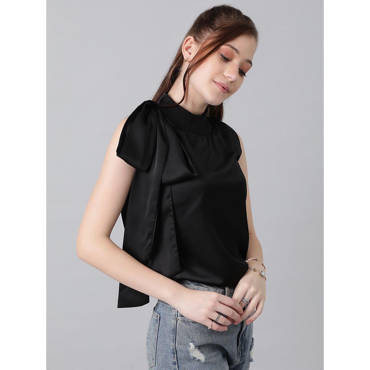 بلوزة سادة بلا اكمام وياقة عالية مع ربطة فيونكة كوتي × ستايلي-women-clothing-shirtsandblouses-blouses-image-4