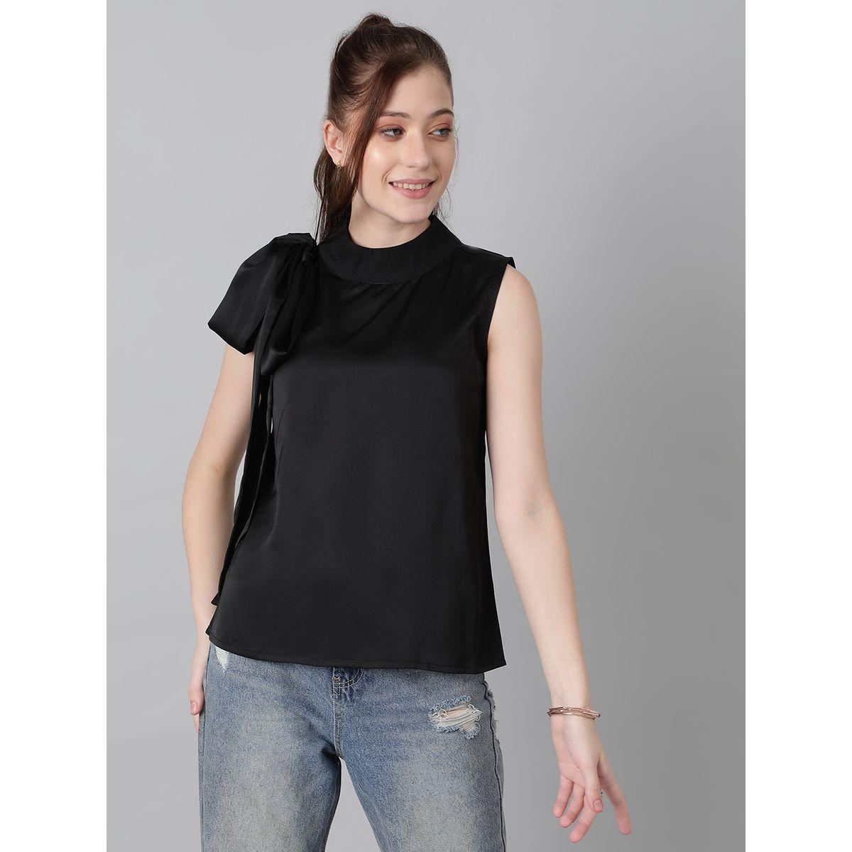 بلوزة سادة بلا اكمام وياقة عالية مع ربطة فيونكة كوتي × ستايلي-women-clothing-shirtsandblouses-blouses-image-8