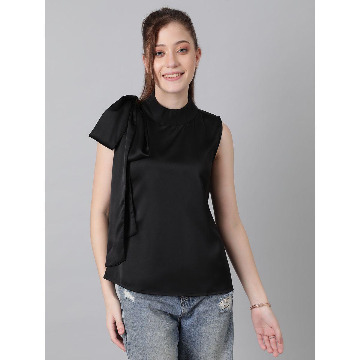 بلوزة سادة بلا اكمام وياقة عالية مع ربطة فيونكة كوتي × ستايلي-women-clothing-shirtsandblouses-blouses-image-9