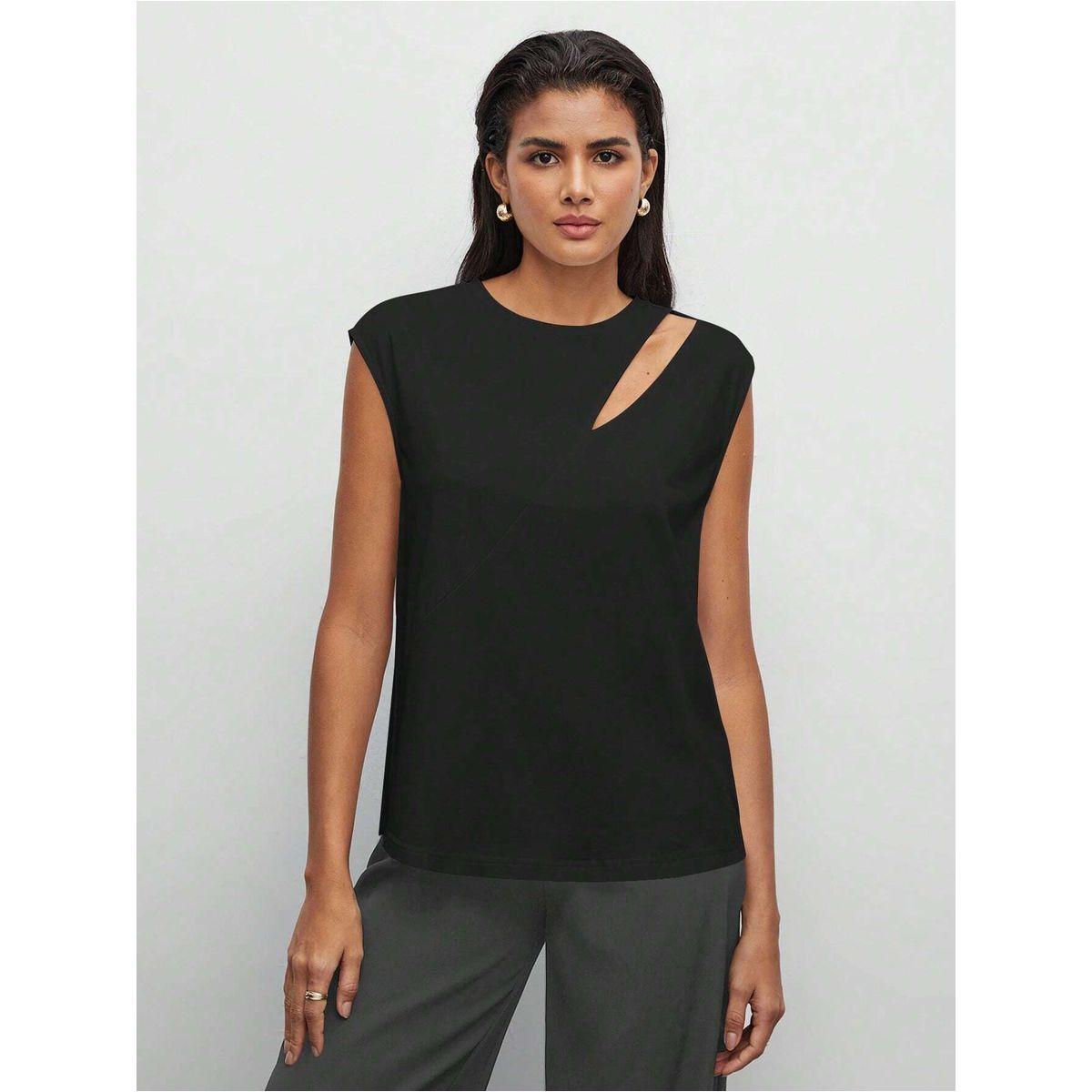بلوزة كاجوال سادة بلا اكمام مع فتحات كوتي × ستايلي-women-clothing-shirtsandblouses-blouses-image-5
