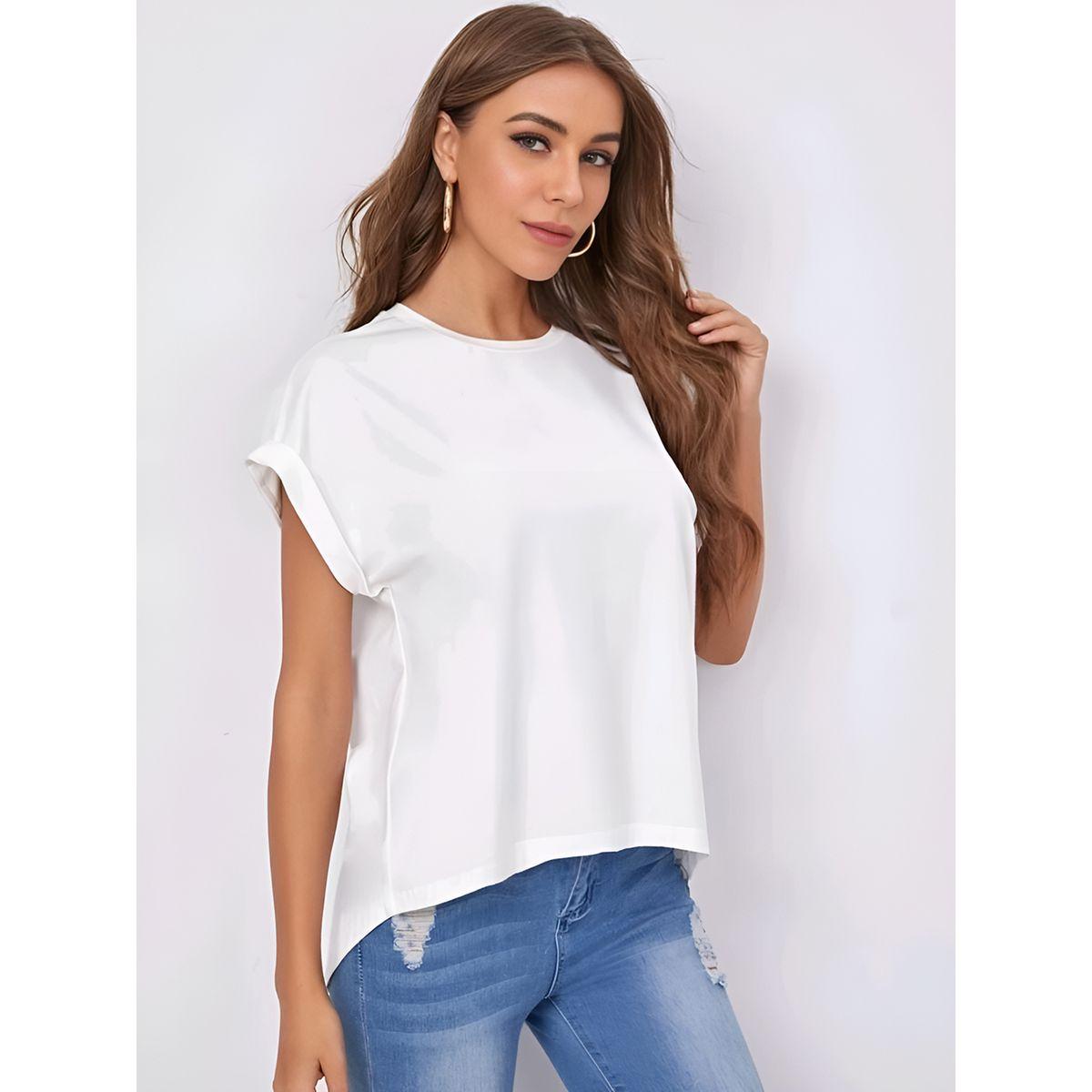 بلوزة سادة بأكمام وطواطية وحافة غير متماثلة الطول كوتي × ستايلي-women-clothing-shirtsandblouses-blouses-image-1