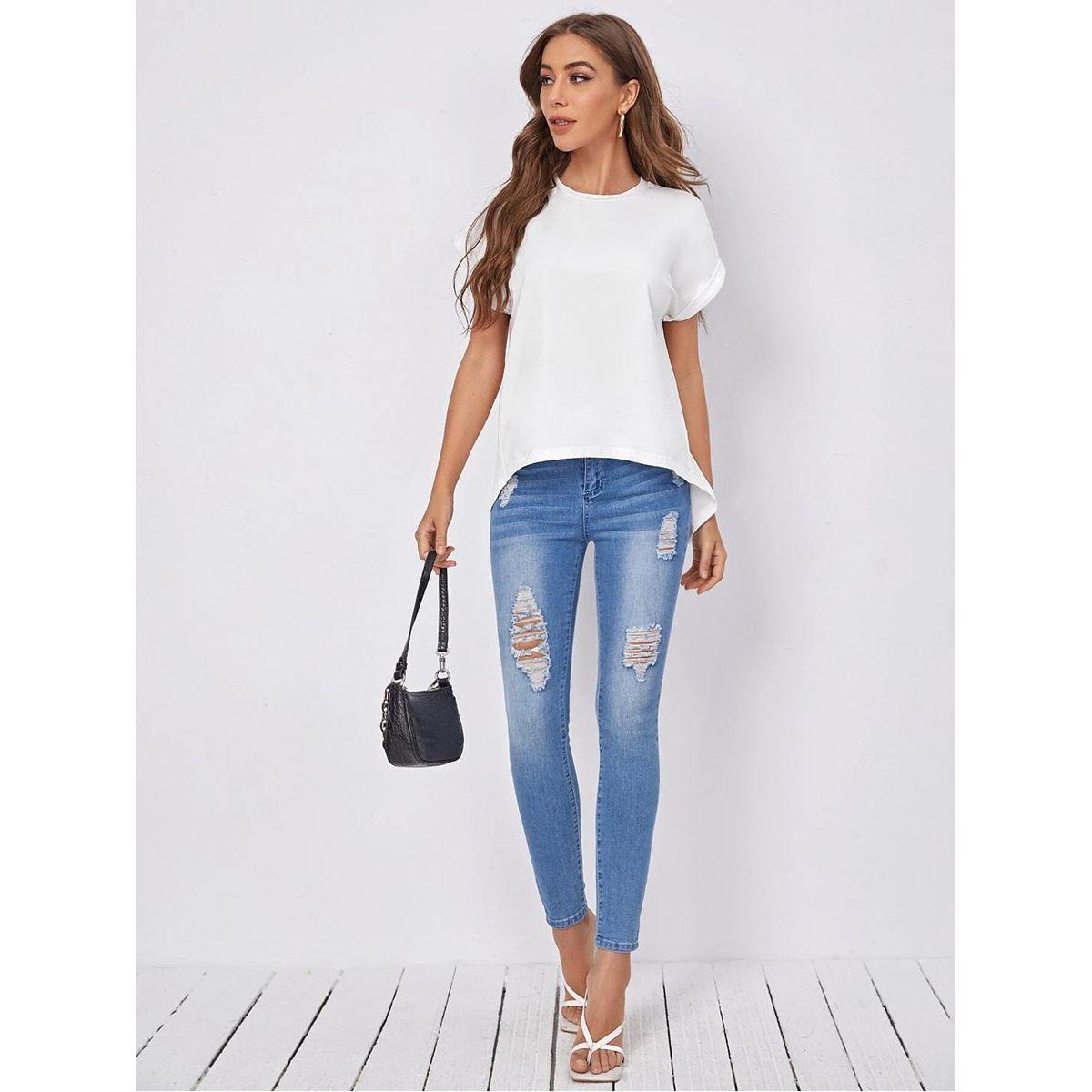 بلوزة سادة بأكمام وطواطية وحافة غير متماثلة الطول كوتي × ستايلي-women-clothing-shirtsandblouses-blouses-image-5