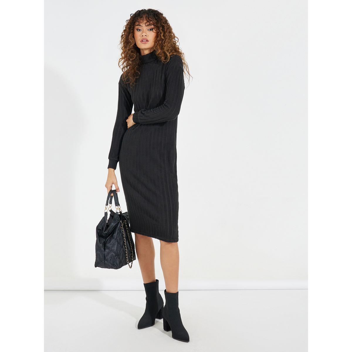 فستان بديكون ميدي بياقة عالية وأكتاف منخفضة-women-clothing-dresses-image-1