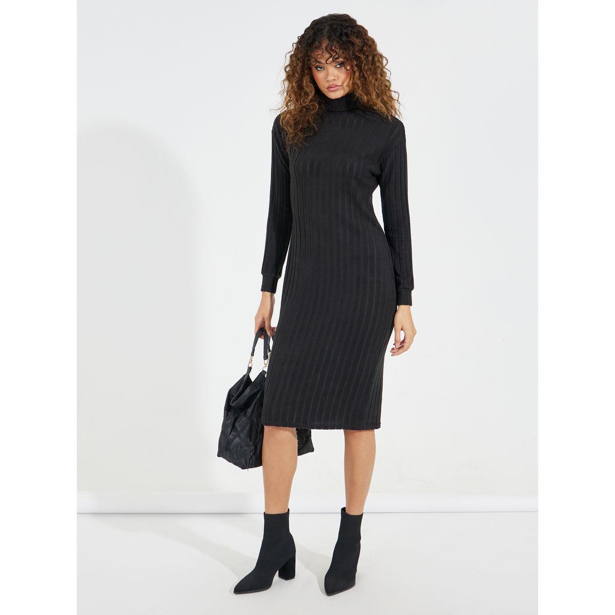فستان بديكون ميدي بياقة عالية وأكتاف منخفضة-women-clothing-dresses-image-4