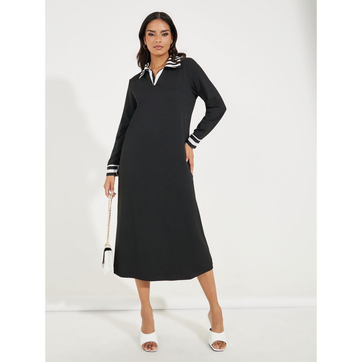Styli Contrast Striped Collared Midi Dress-women-clothing-dresses-image-1