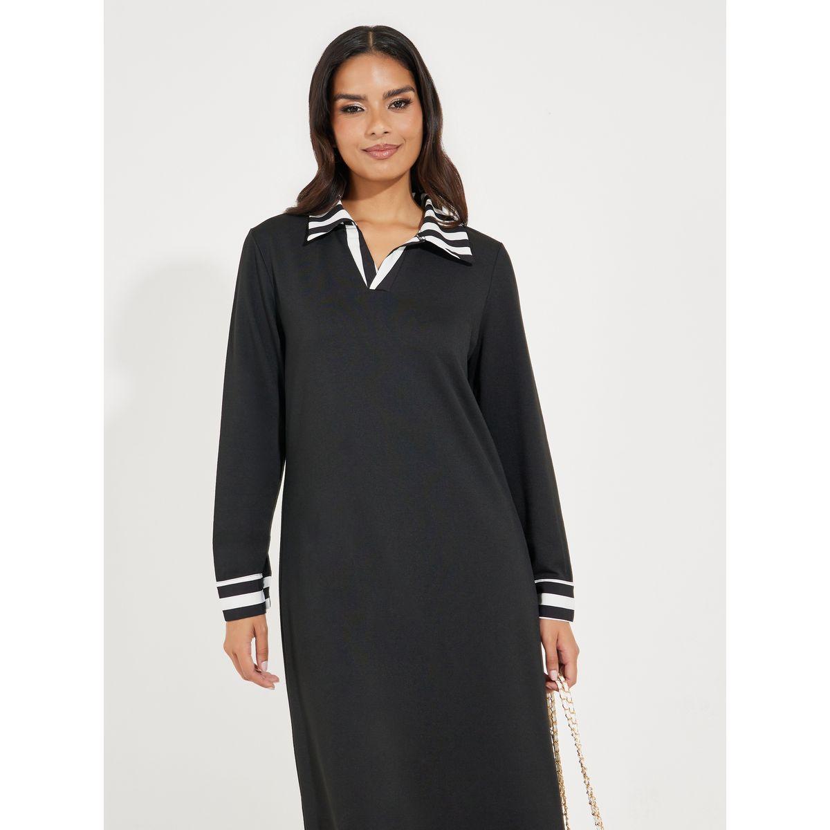 Styli Contrast Striped Collared Midi Dress-women-clothing-dresses-image-2
