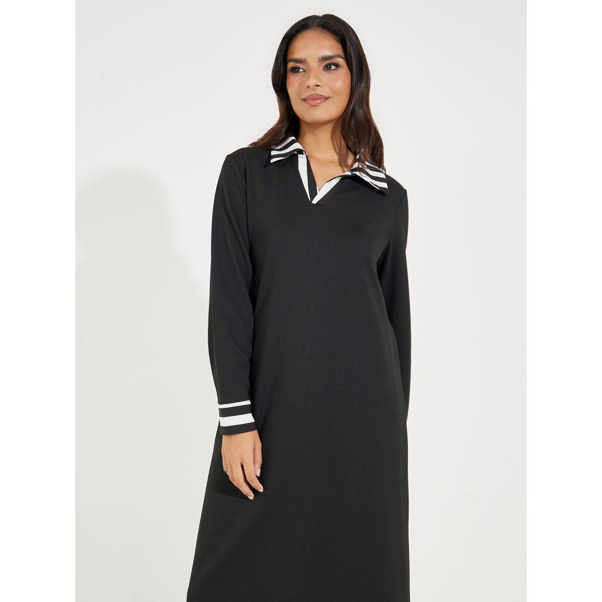 Styli Contrast Striped Collared Midi Dress-women-clothing-dresses-image-5