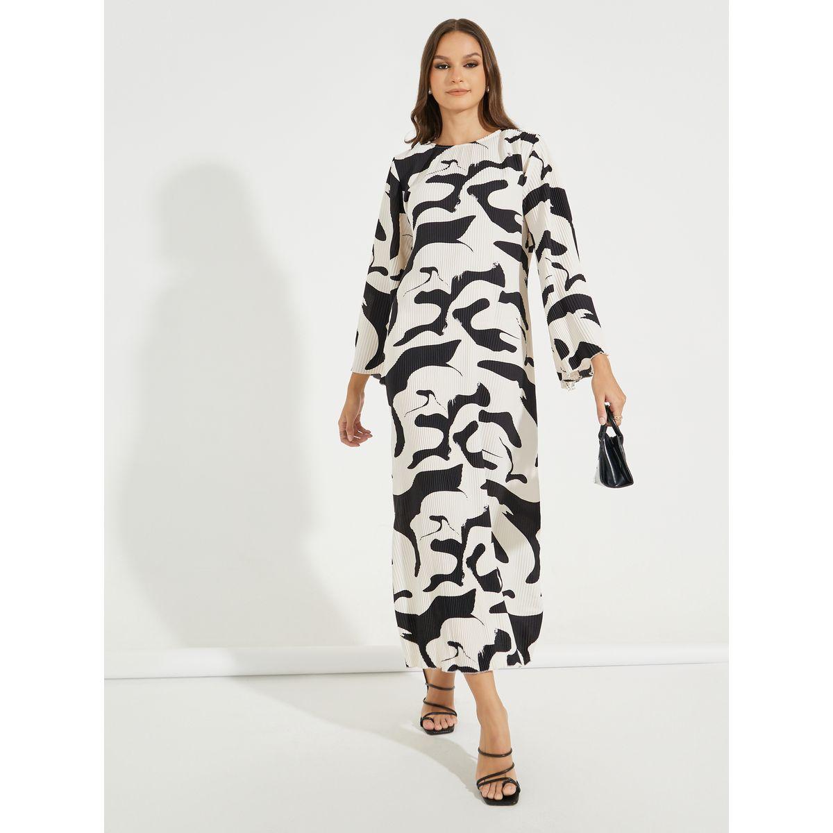 Styli All Over Abstract Plisse Long Sleeves Maxi Dress-women-clothing-dresses-image-1