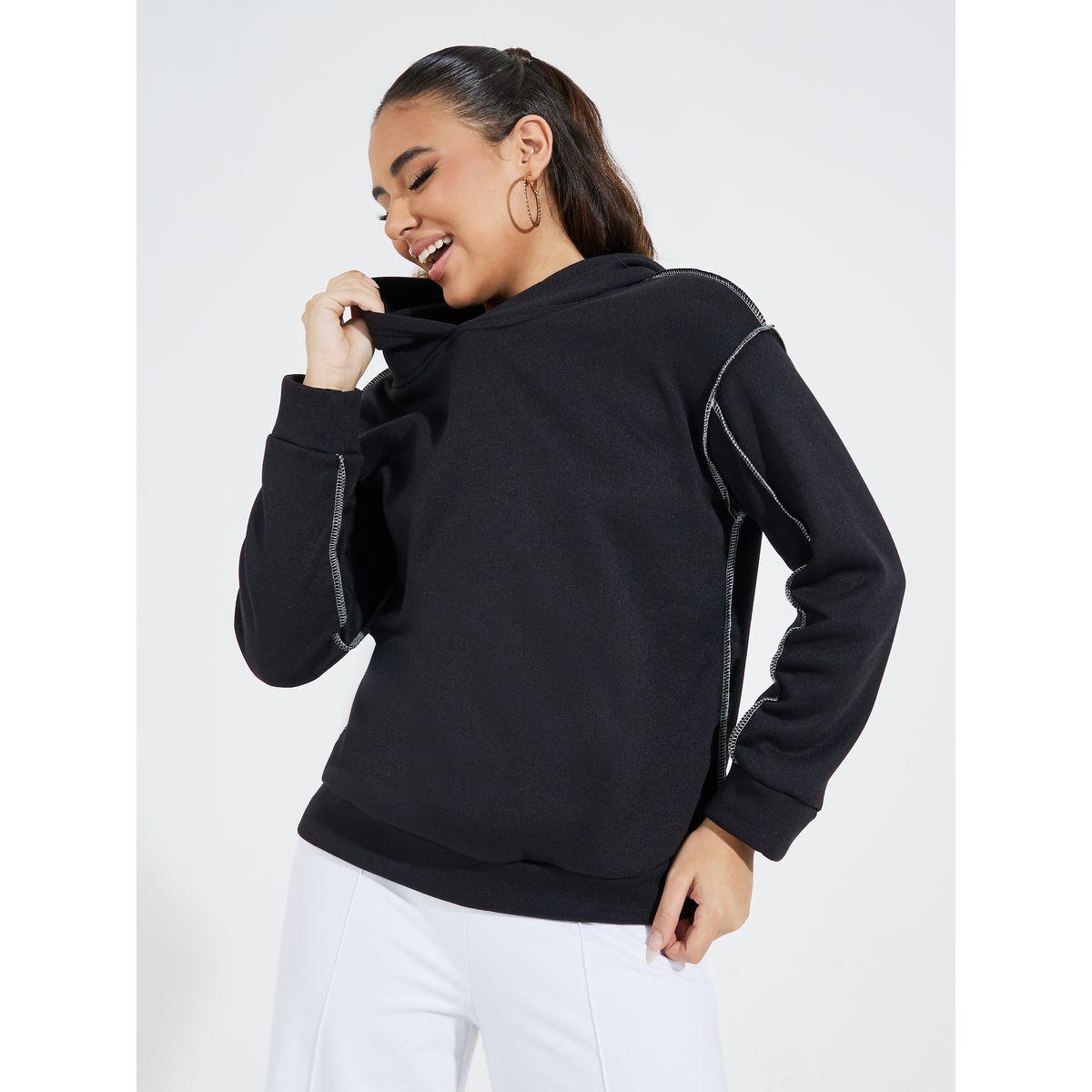 Styli Solid Stitch Detail Hoodie with Dropped Shoulder-women-clothing-hoodiesandsweatshirts-hoodies-image-1