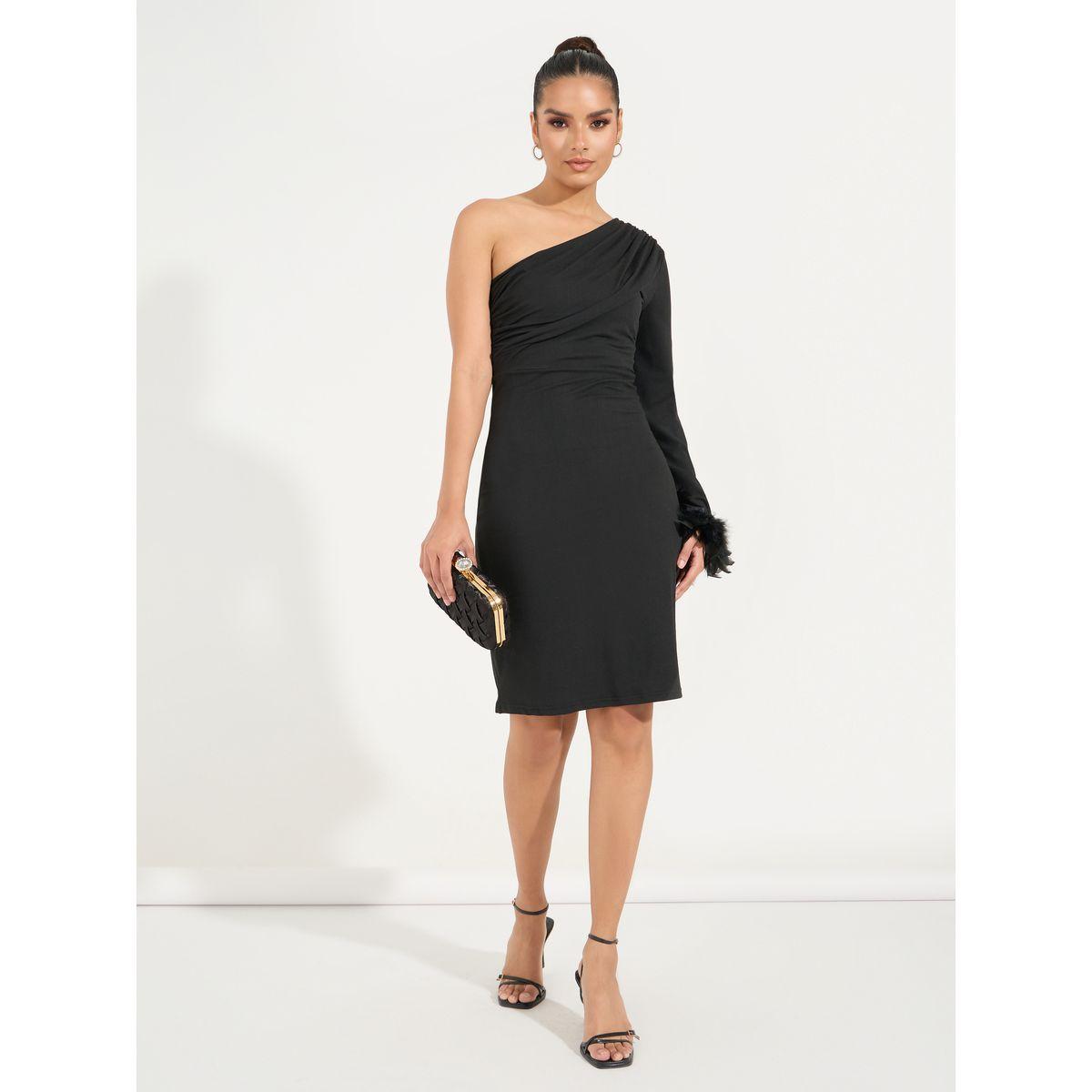 Styli One Shoulder Sleeve Knee Length Dress with Faux Feather Detail-women-clothing-dresses-image-1