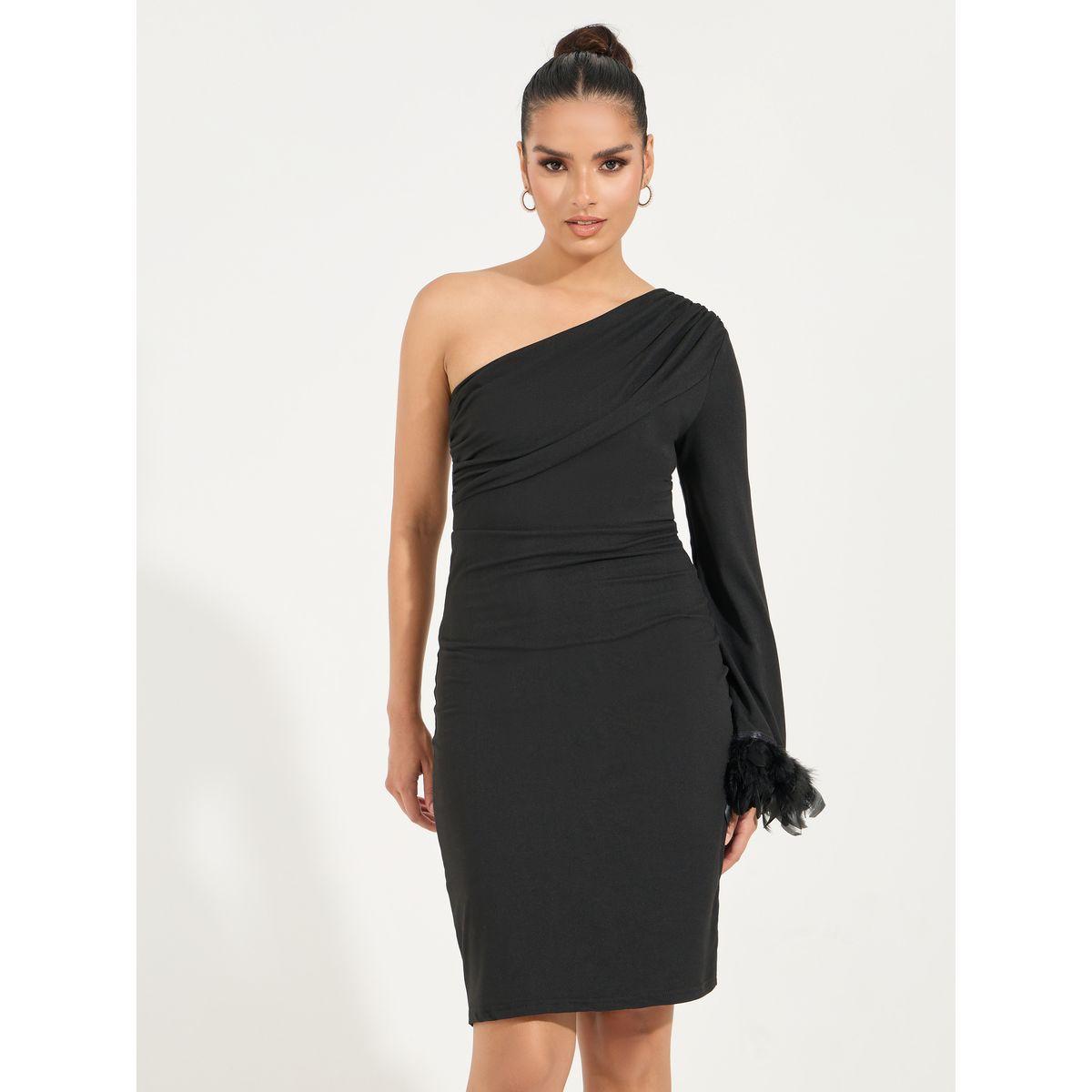 Styli One Shoulder Sleeve Knee Length Dress with Faux Feather Detail-women-clothing-dresses-image-5