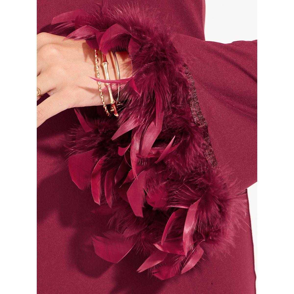 فستان بطول الركبة وكتف واحد مع ريش صناعي-women-clothing-dresses-image-3