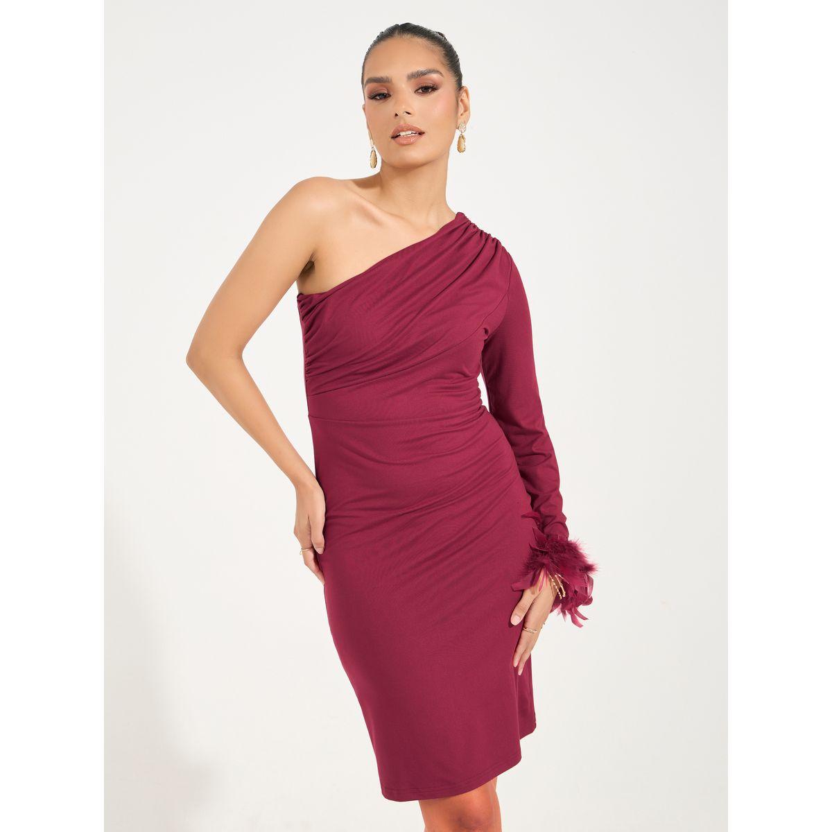 فستان بطول الركبة وكتف واحد مع ريش صناعي-women-clothing-dresses-image-5