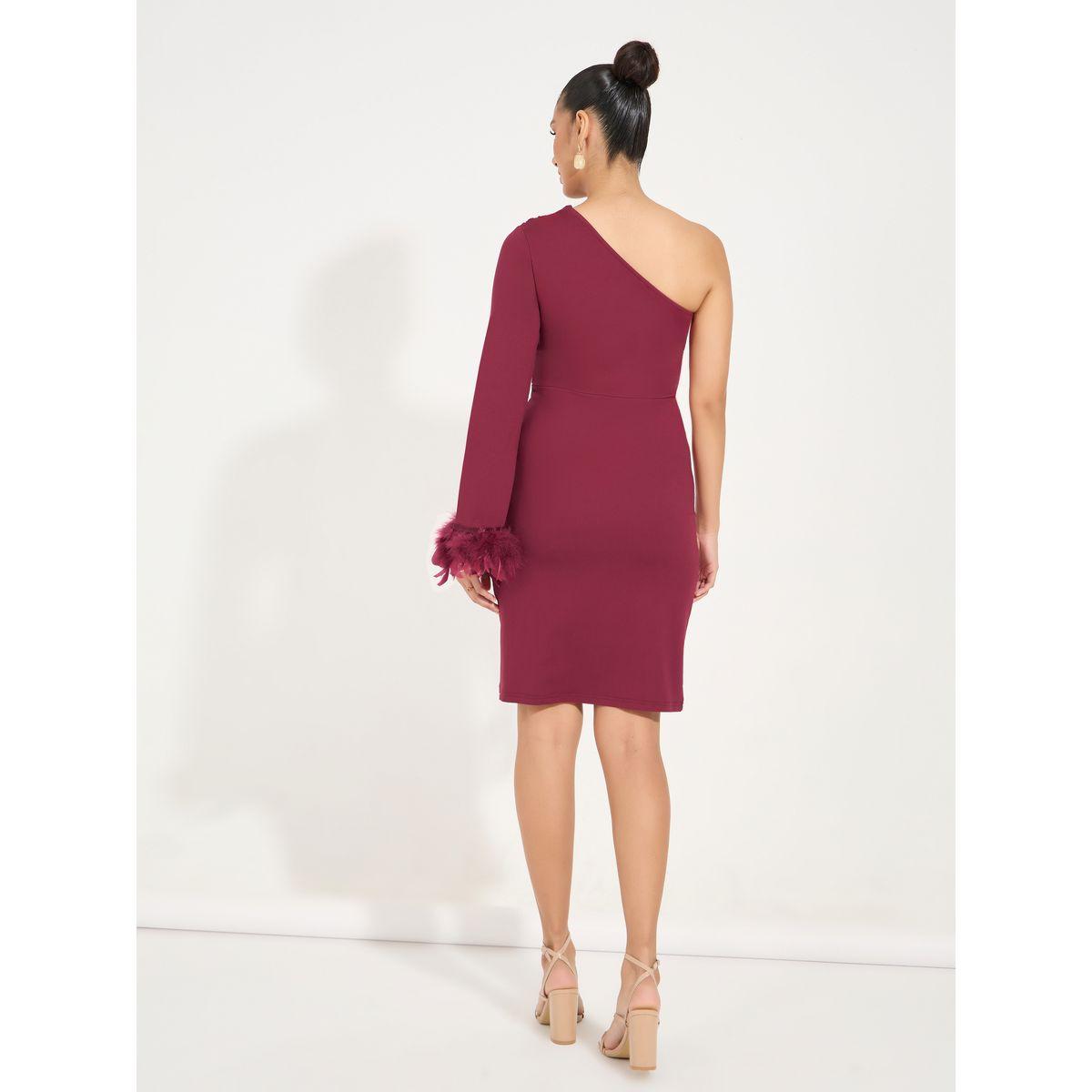 فستان بطول الركبة وكتف واحد مع ريش صناعي-women-clothing-dresses-image-6
