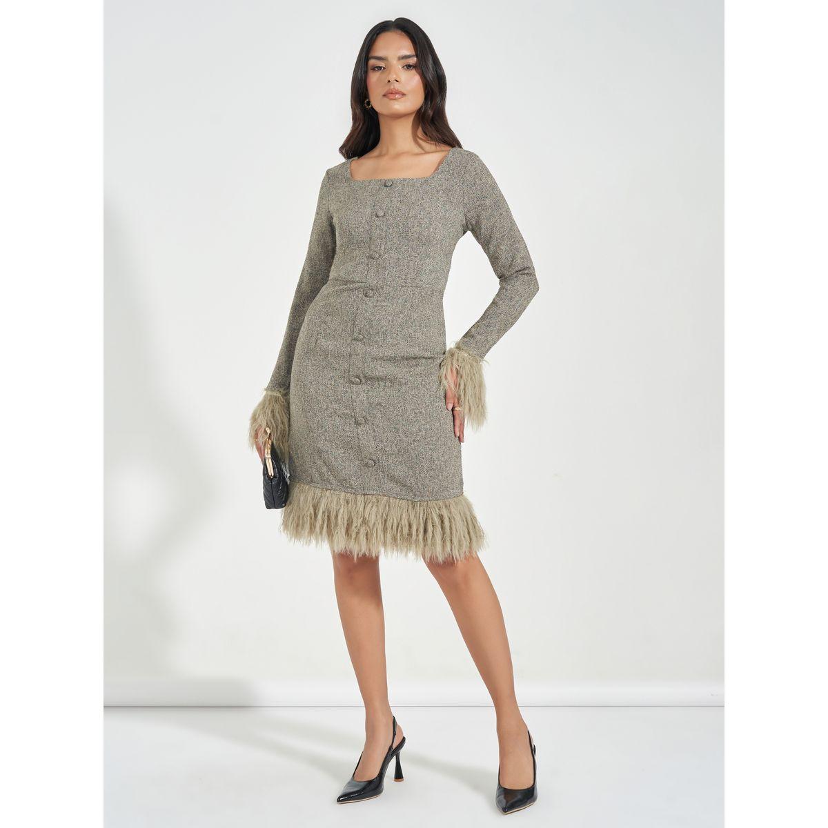 فستان تويد بطول الركبة مع فرو صناعي-women-clothing-dresses-image-1
