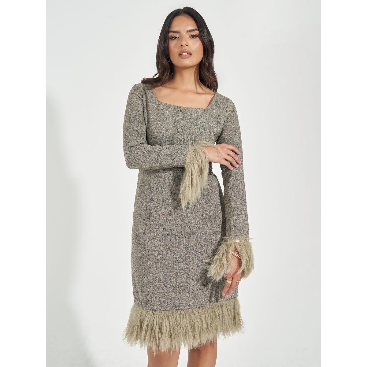 Styli Tweed Sheath Knee Length Dress with Faux Fur Detail-women-clothing-dresses-image-2