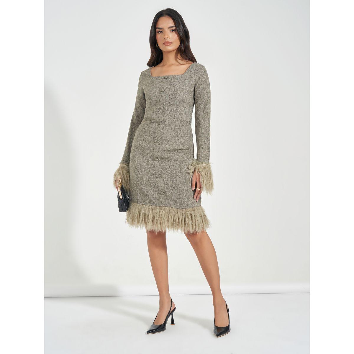 فستان تويد بطول الركبة مع فرو صناعي-women-clothing-dresses-image-4