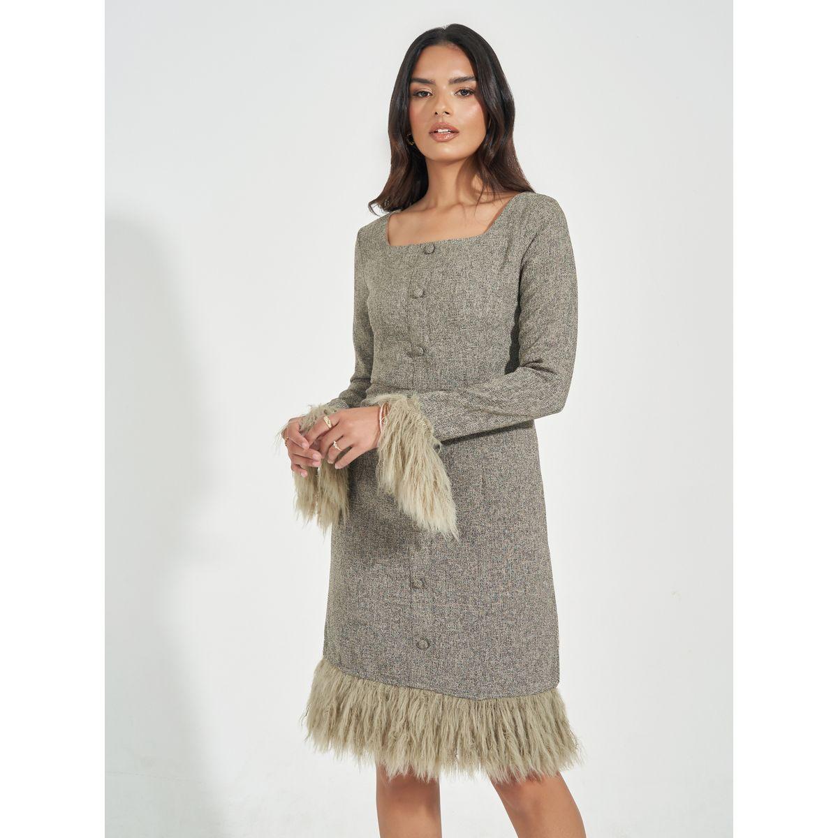 فستان تويد بطول الركبة مع فرو صناعي-women-clothing-dresses-image-5