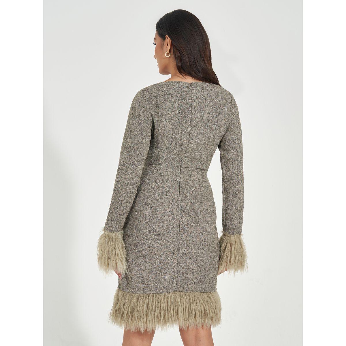 Styli Tweed Sheath Knee Length Dress with Faux Fur Detail-women-clothing-dresses-image-6