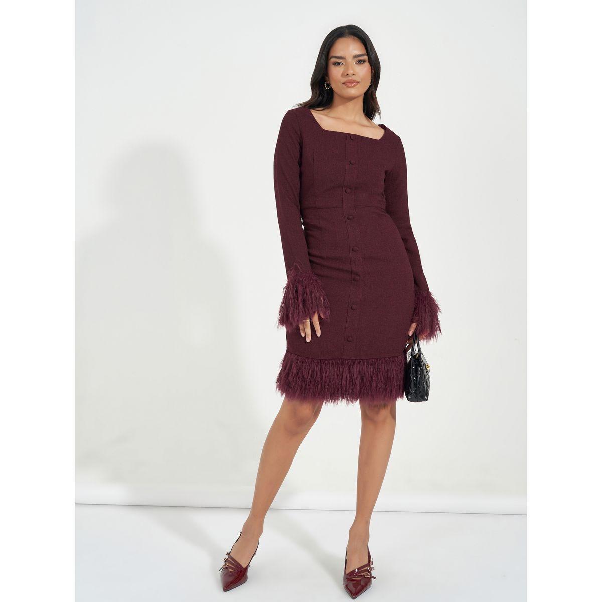 فستان تويد بطول الركبة مع فرو صناعي-women-clothing-dresses-image-1