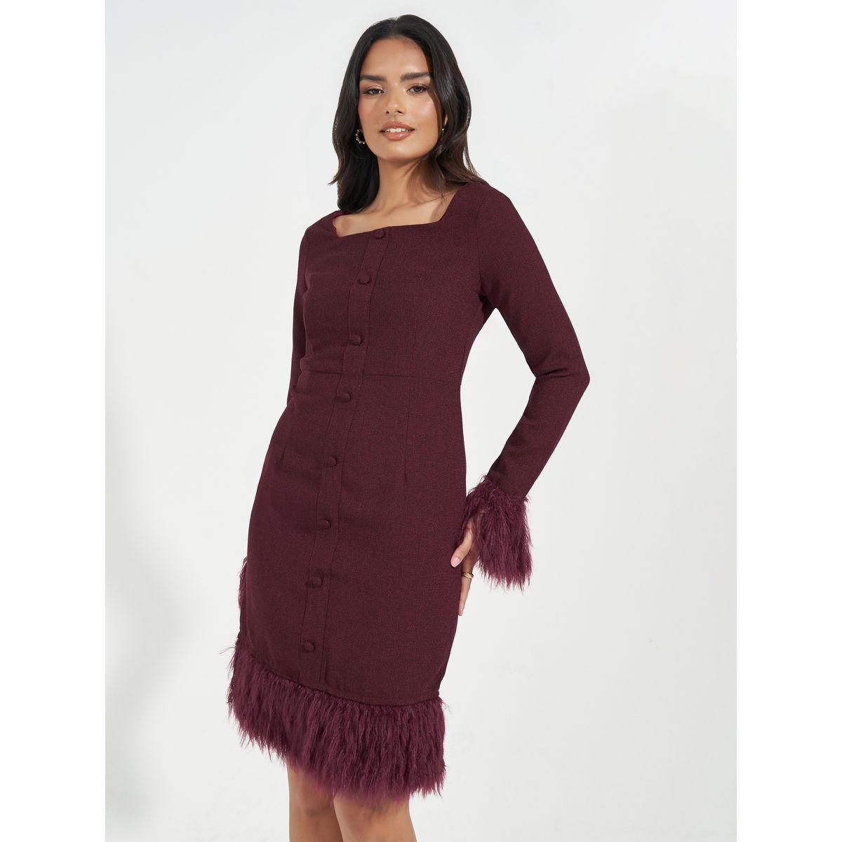 فستان تويد بطول الركبة مع فرو صناعي-women-clothing-dresses-image-2