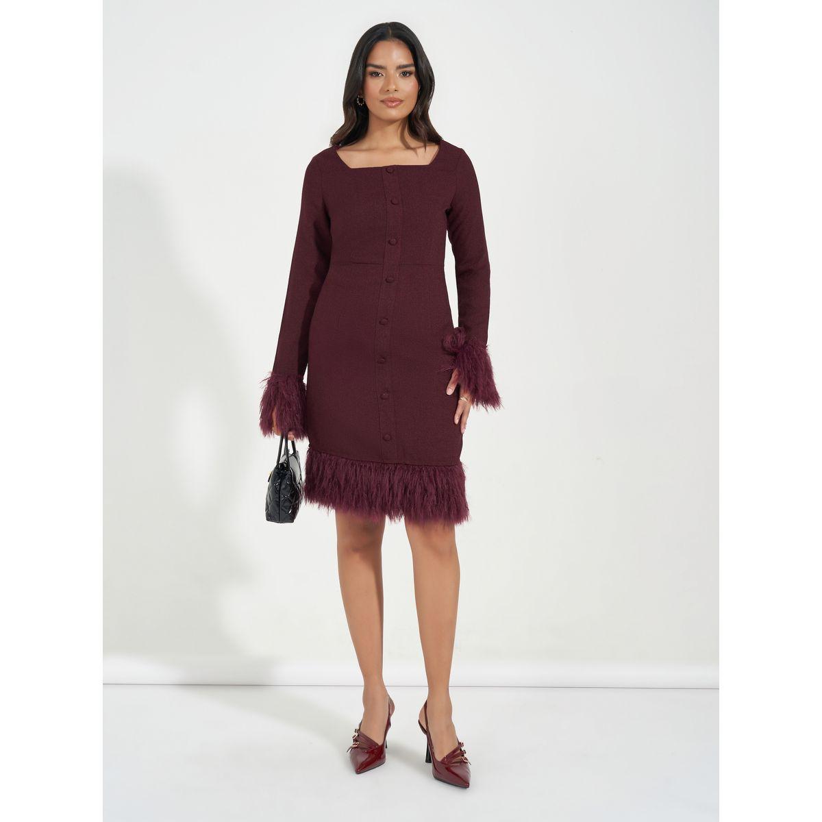 فستان تويد بطول الركبة مع فرو صناعي-women-clothing-dresses-image-4