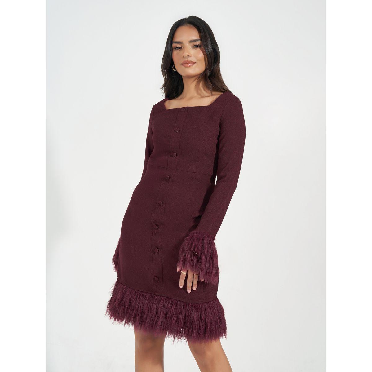فستان تويد بطول الركبة مع فرو صناعي-women-clothing-dresses-image-5