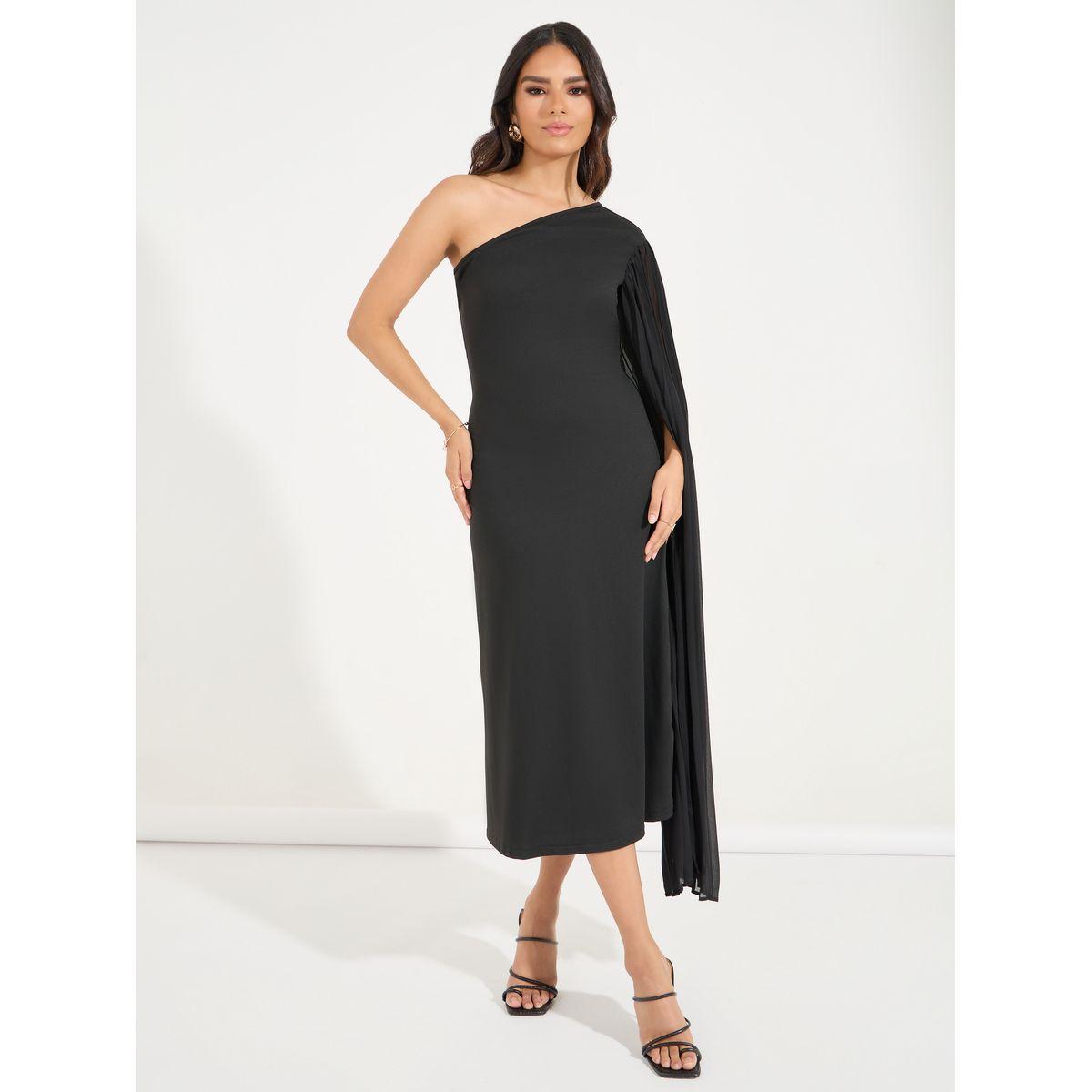فستان ميدي سادة بكتف واحد-women-clothing-dresses-image-1