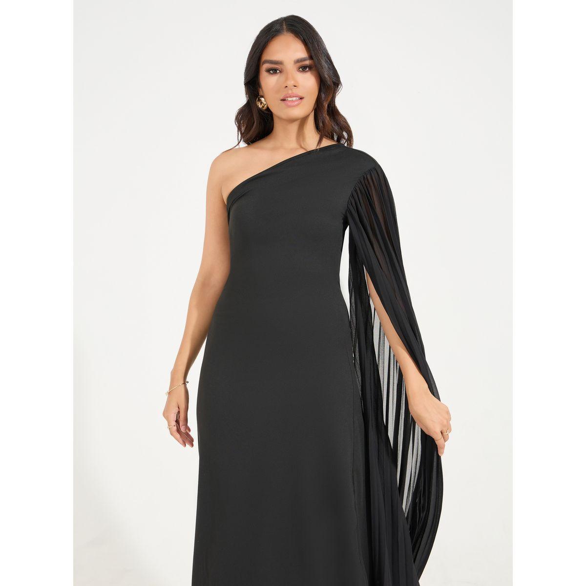 فستان ميدي سادة بكتف واحد-women-clothing-dresses-image-2