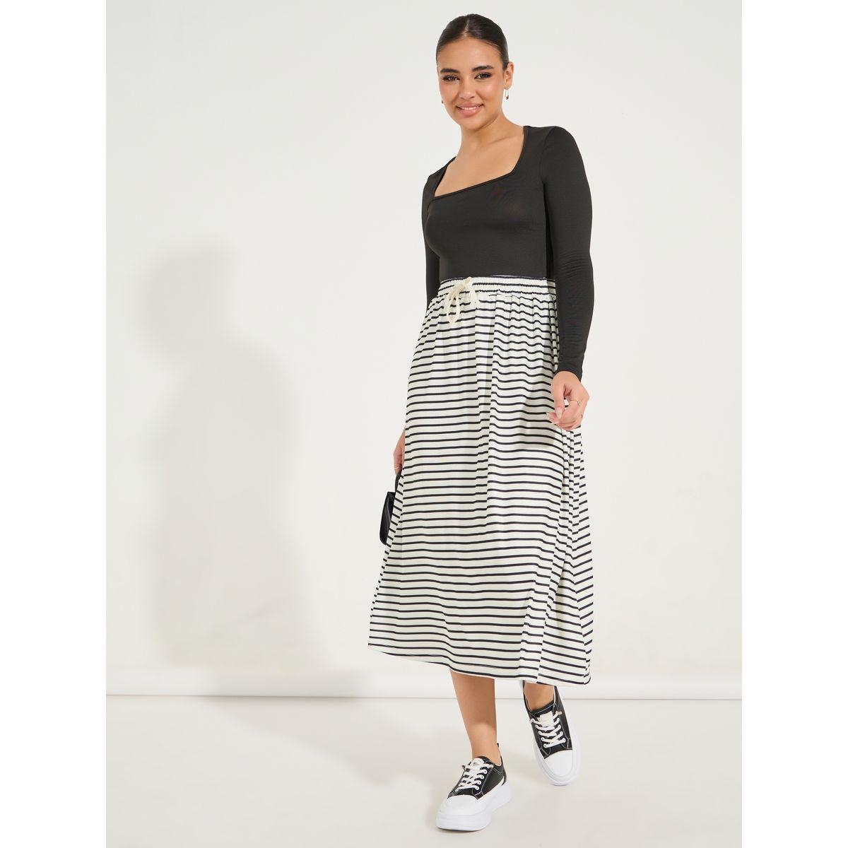 Styli Striped A-Line Midi Skirt with Elasticated Waist & Drawstring-women-clothing-bottoms-skirts-image-1