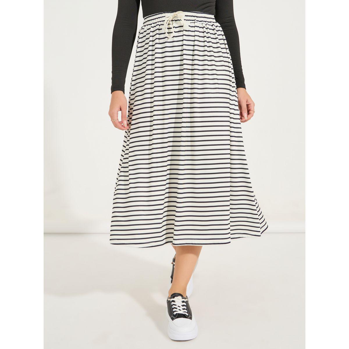 Styli Striped A-Line Midi Skirt with Elasticated Waist & Drawstring-women-clothing-bottoms-skirts-image-2