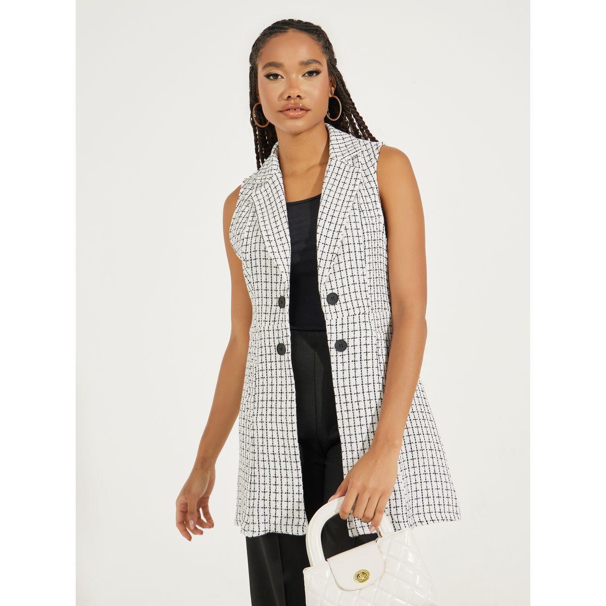 Styli Tweed Check Lapel Vest Jacket-women-winterwear-coatsandjackets-jackets-image-1