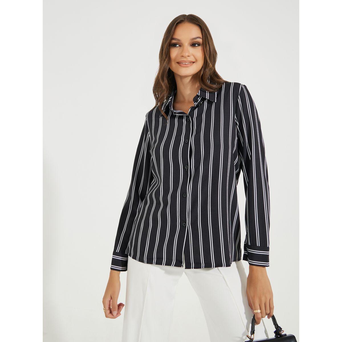 بلوزة كاجوال مخططة بازرار غلق-women-clothing-shirtsandblouses-shirts-image-1