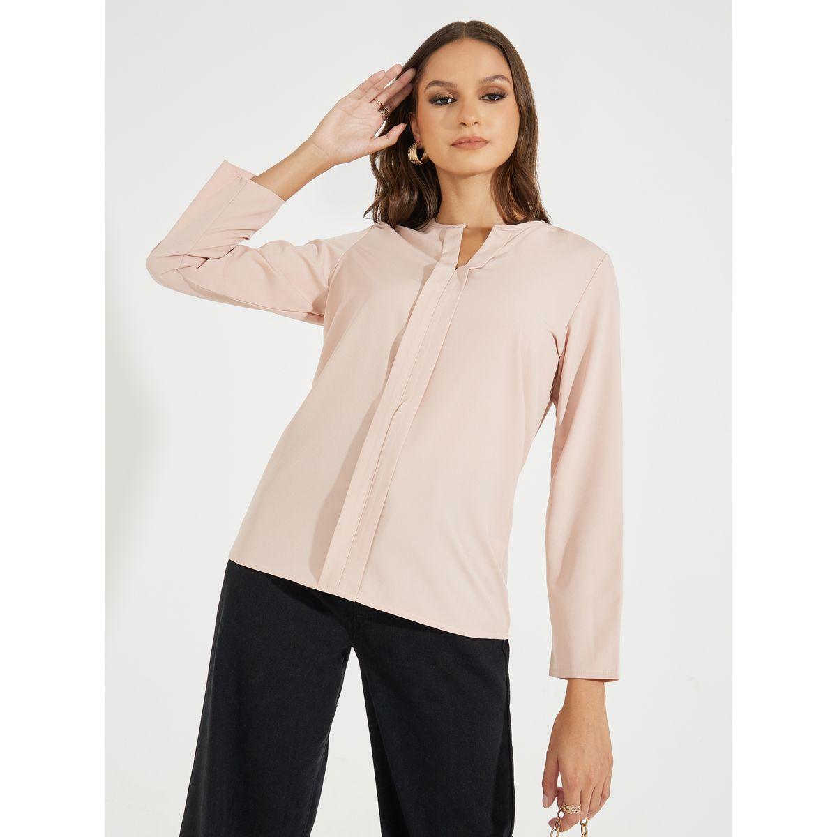 بلوزة سادة باكمام طويلة مع ياقة بشق-women-clothing-shirtsandblouses-shirts-image-4