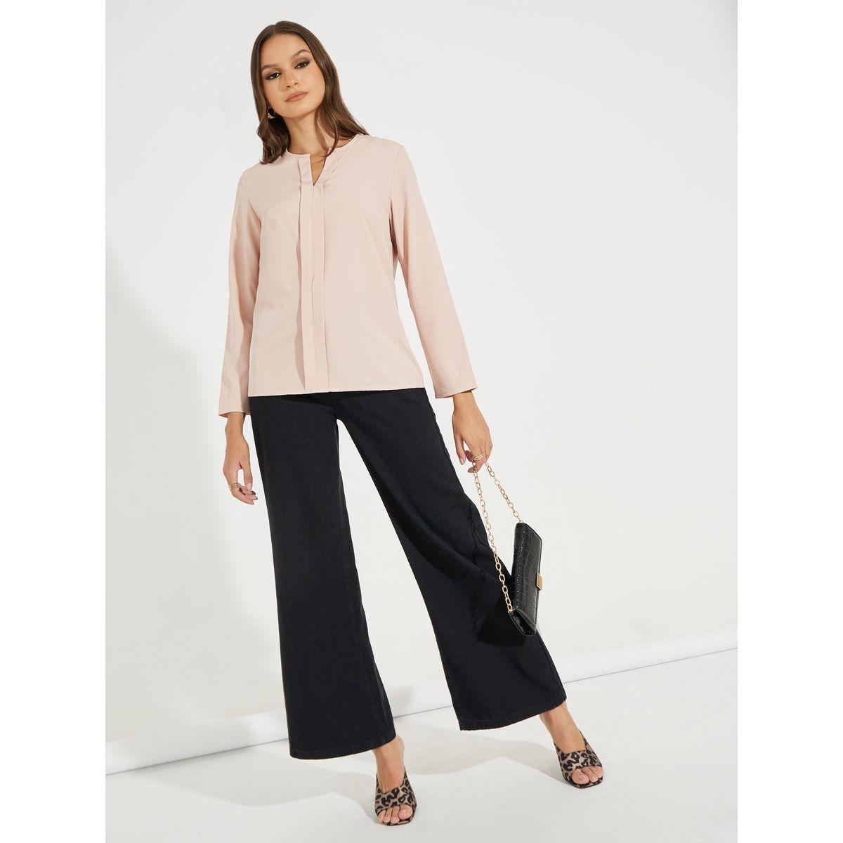 بلوزة سادة باكمام طويلة مع ياقة بشق-women-clothing-shirtsandblouses-shirts-image-3