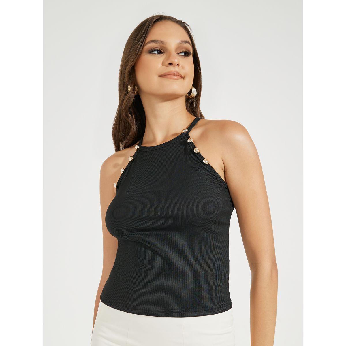 Styli Rib Halter Neck Top with Button Accent-women-clothing-shirtsandblouses-blouses-image-3
