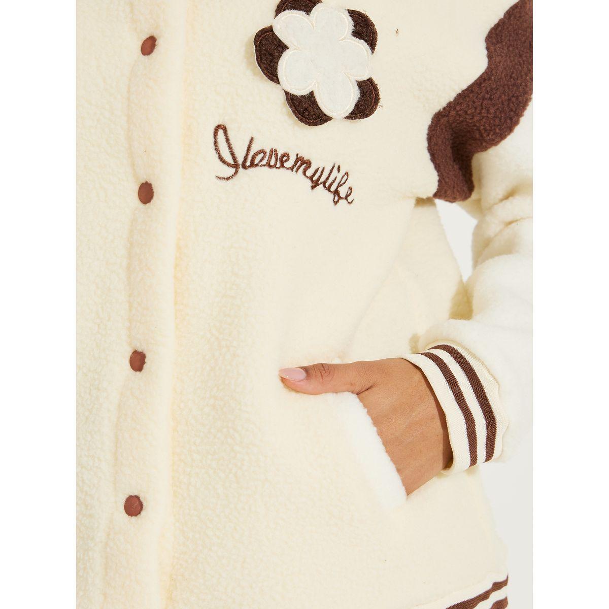Styli Color Block Snap Teddy Slogan Embroidered Jacket-women-winterwear-coatsandjackets-jackets-image-4