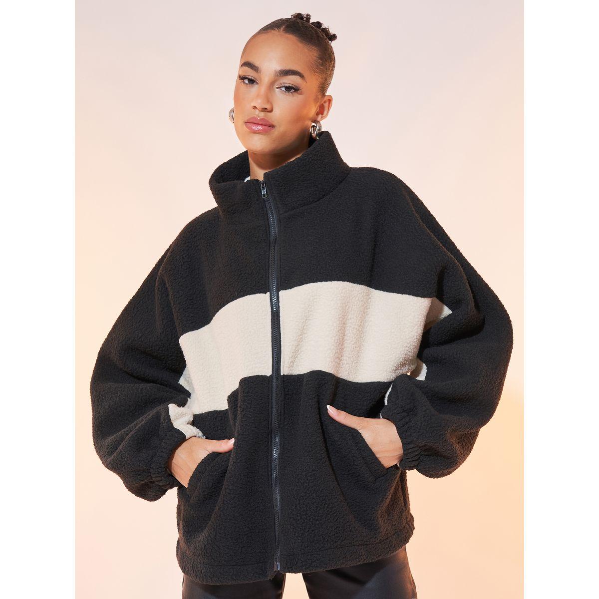 Styli Color Block Zip Up Teddy Jacket-women-winterwear-coatsandjackets-jackets-image-1