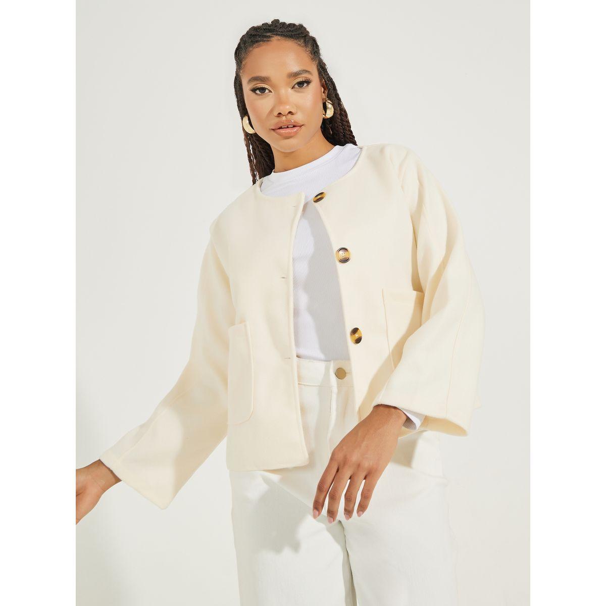 Styli Solid Collarless Pocket Long Sleeves Jacket-women-winterwear-coatsandjackets-jackets-image-1