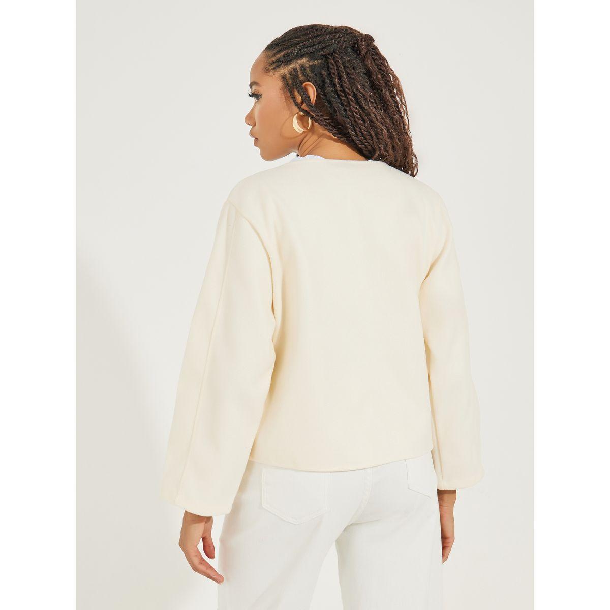Styli Solid Collarless Pocket Long Sleeves Jacket-women-winterwear-coatsandjackets-jackets-image-5