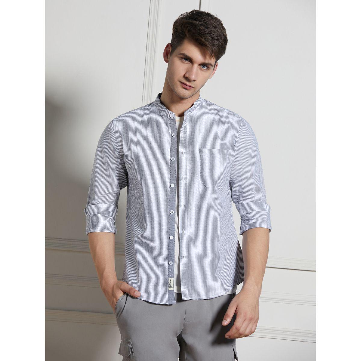 قميص مخطط بياقة ماندارين دينيس لينجو × ستايلي-men-clothing-shirts-image-1