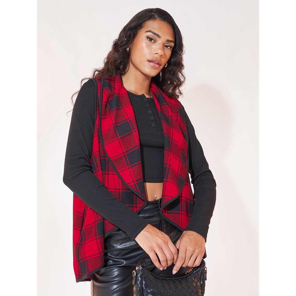 Styli Plaid Print Waterfall Collar Open Front Vest-women-winterwear-coatsandjackets-jackets-image-1