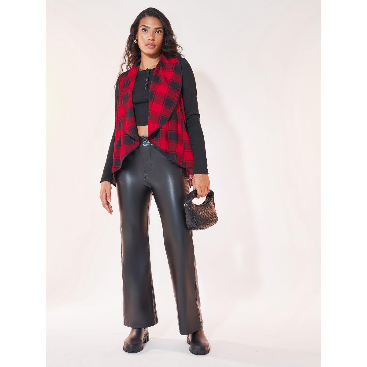 Styli Plaid Print Waterfall Collar Open Front Vest-women-winterwear-coatsandjackets-jackets-image-2