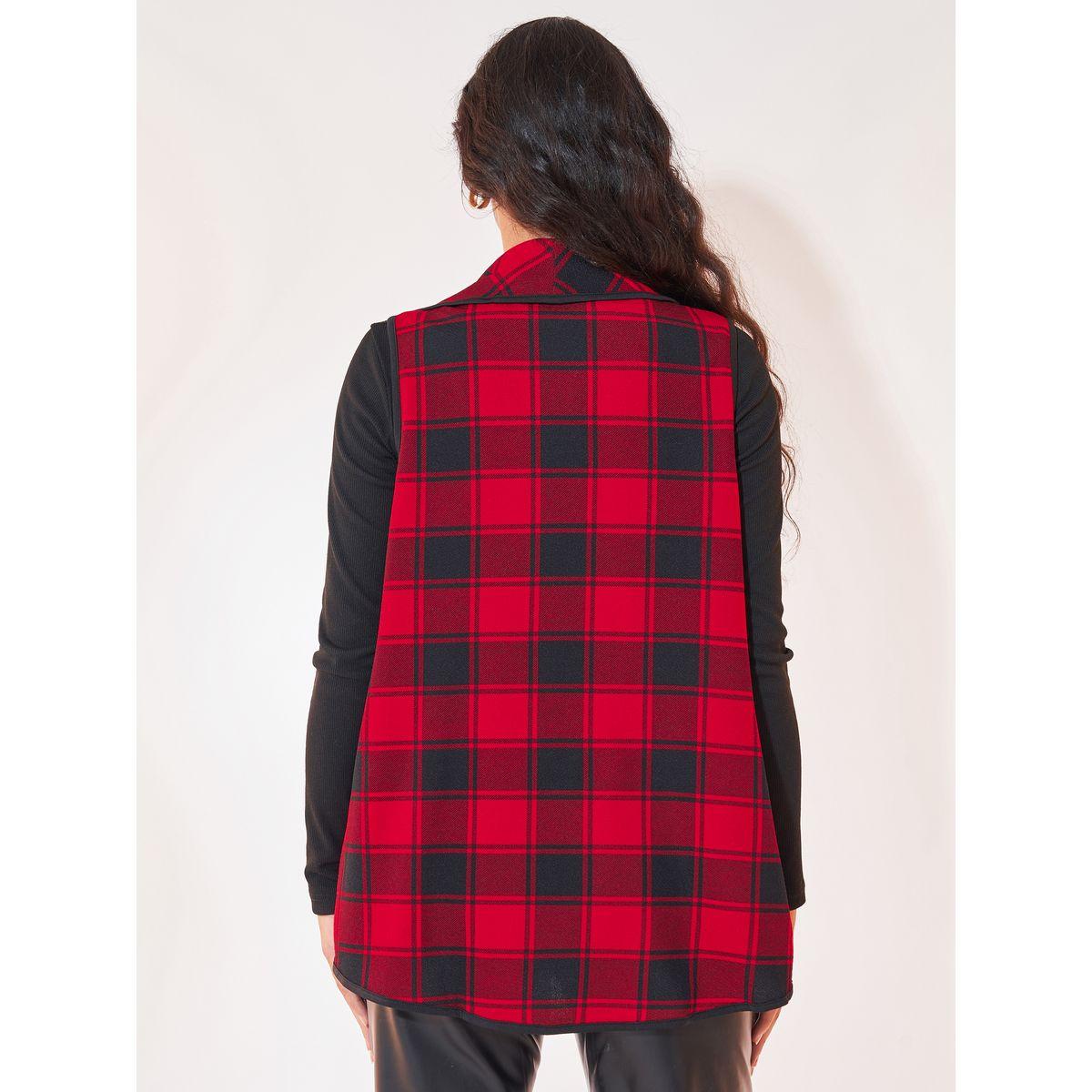 Styli Plaid Print Waterfall Collar Open Front Vest-women-winterwear-coatsandjackets-jackets-image-4